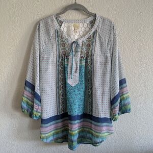 Fig and Flower Teal White Boho Blouse With Lace  Size Medium